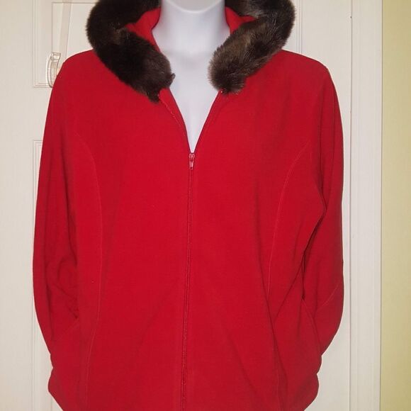 #073 Jin-jer- Reddish-Orange Fleece w Brown Soft Fur Hoodie- Sz. XL - Picture 2 of 4